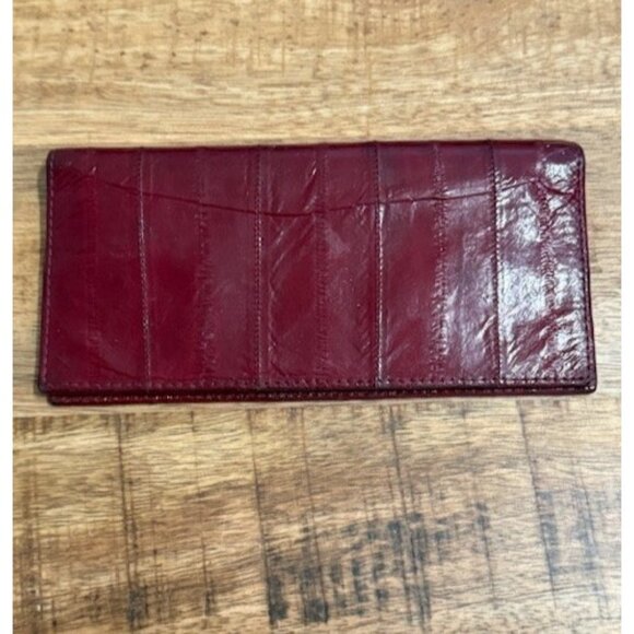 Genuine Eel Skin Leather Wallet BiFold Dark Wine Red Unisex Vintage Burgundy GUC - Picture 1 of 7